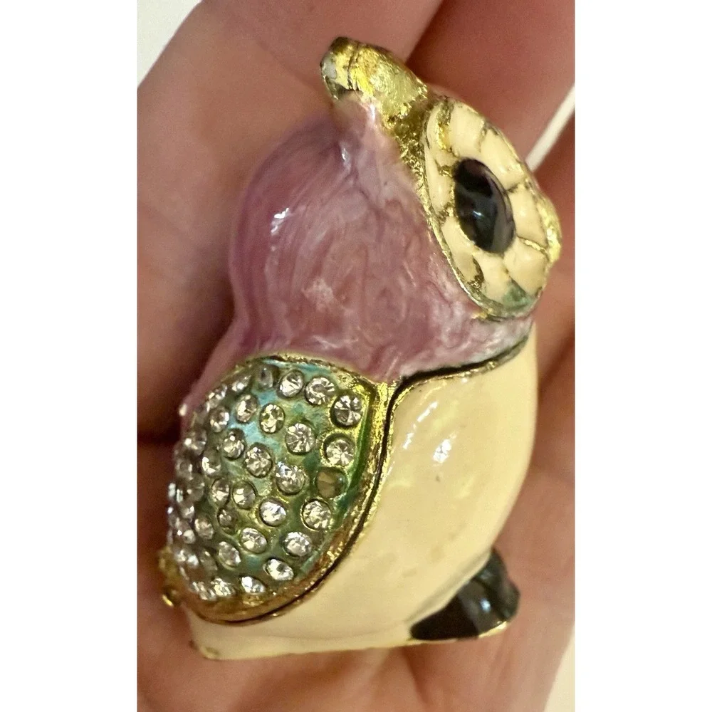 Enameled Owl Trinket Box W Rhinestones‎ And Magnetic Clasp
